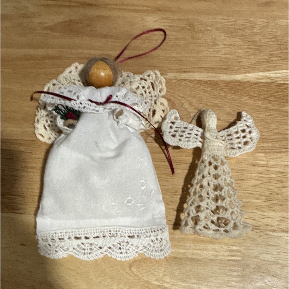 Handmade Lace Fabric, Lace Angel Christmas Hanging Ornaments Set of 2 White